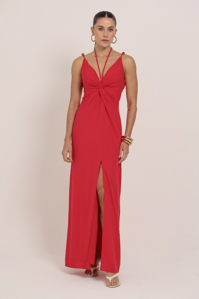 9037040 - Vestido Longo Amarração Gola VERMELHO