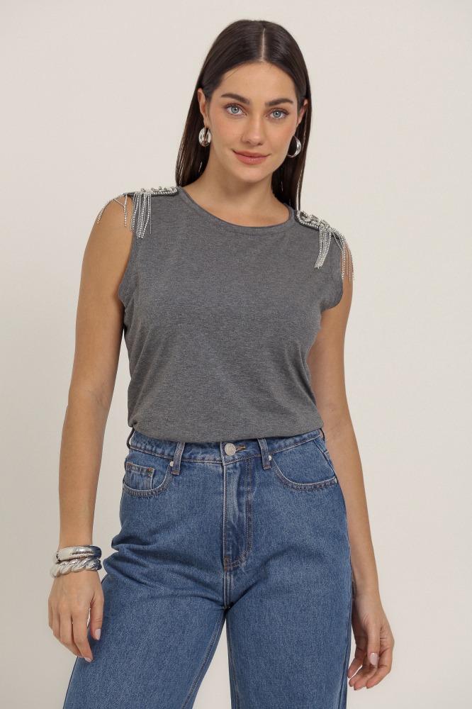9037050 - Camiseta Detalhe Brilhante Ombros MESCLA 9037050 - Camiseta Detalhe Brilhante Ombros MESCLA