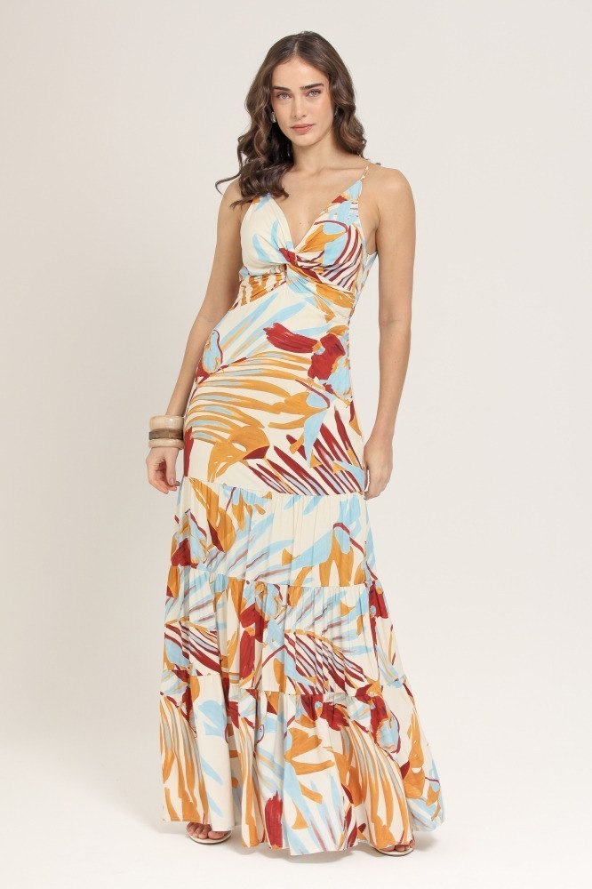 9037065 - VESTIDO LONGO ESTAMPA AQUARELA DO BRASIL LARANJA