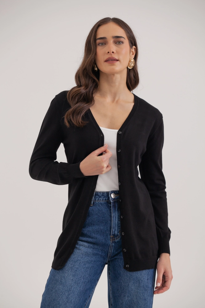9037076 - Cardigan Tricô Decote V PRETO 9037076 - Cardigan Tricô Decote V PRETO - Imagem 1