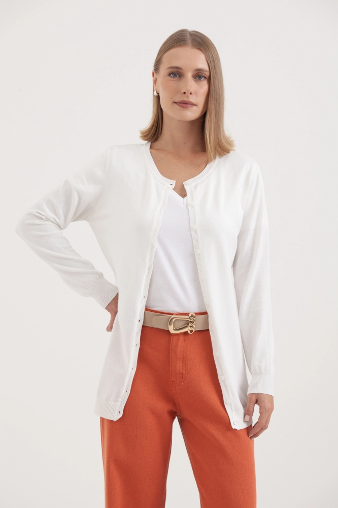 9037077 - Cardigan Tricô Gola Redonda BRANCO 9037077 - Cardigan Tricô Gola Redonda BRANCO - Imagem 1