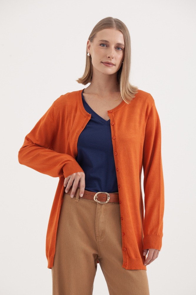 9037077 - Cardigan Tricô Gola Redonda LARANJA 9037077 - Cardigan Tricô Gola Redonda LARANJA