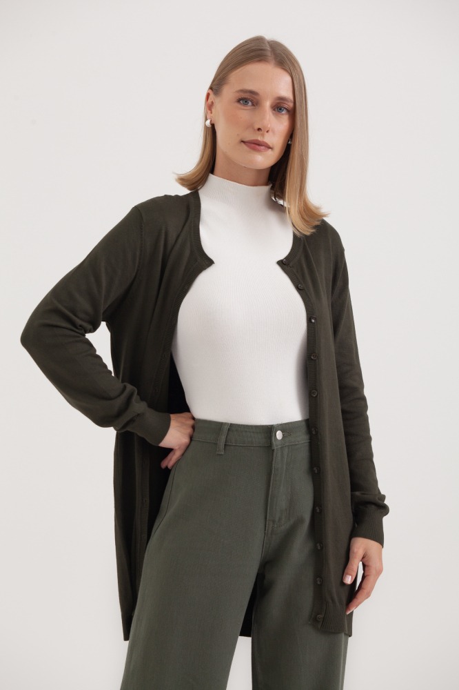 9037077 - Cardigan Tricô Gola Redonda VERDE 9037077 - Cardigan Tricô Gola Redonda VERDE