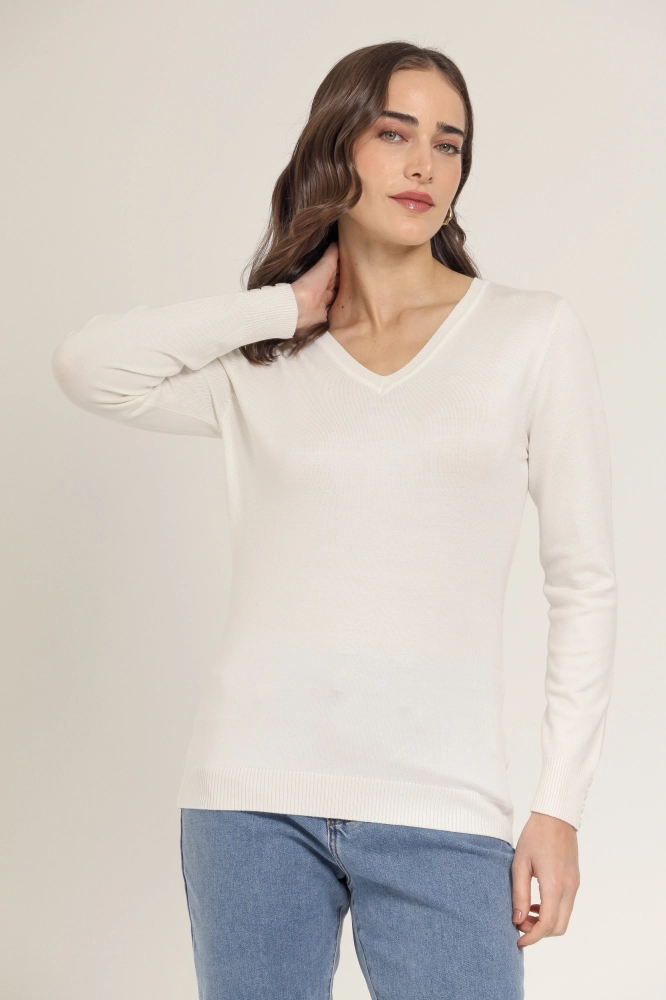9037079 - Blusa Tricô Decote V  BRANCO