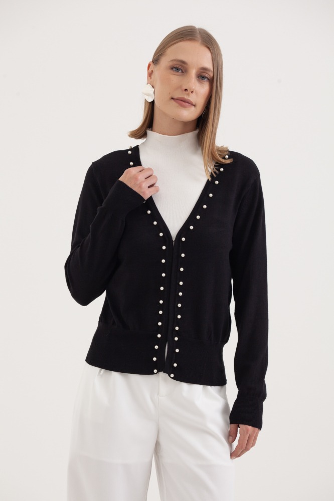 9037080 - Cardigan Tricô Com Pérolas PRETO 9037080 - Cardigan Tricô Com Pérolas PRETO