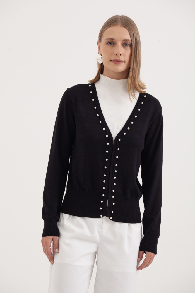9037080 - Cardigan Tricô Com Pérolas PRETO 9037080 - Cardigan Tricô Com Pérolas PRETO