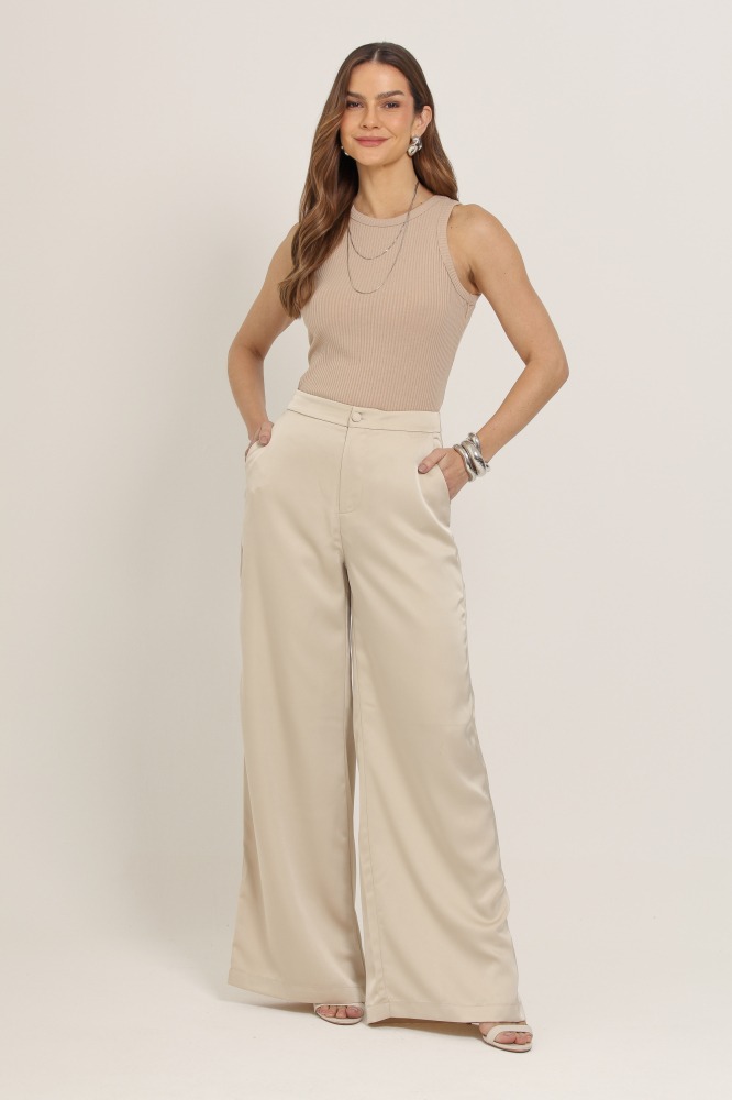 9037118 - Calça Acetinada Pantalona BEGE