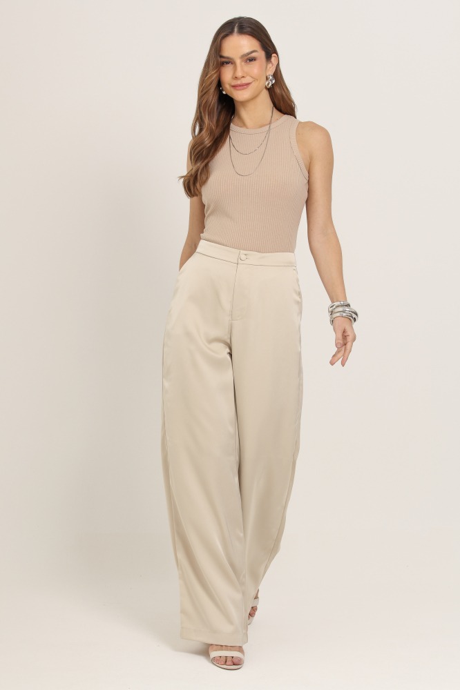 9037118 - Calça Acetinada Pantalona BEGE