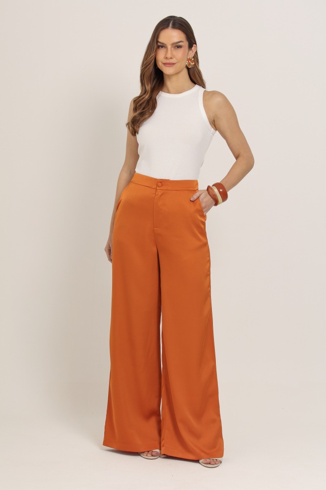 9037118 - Calça Acetinada Pantalona LARANJA