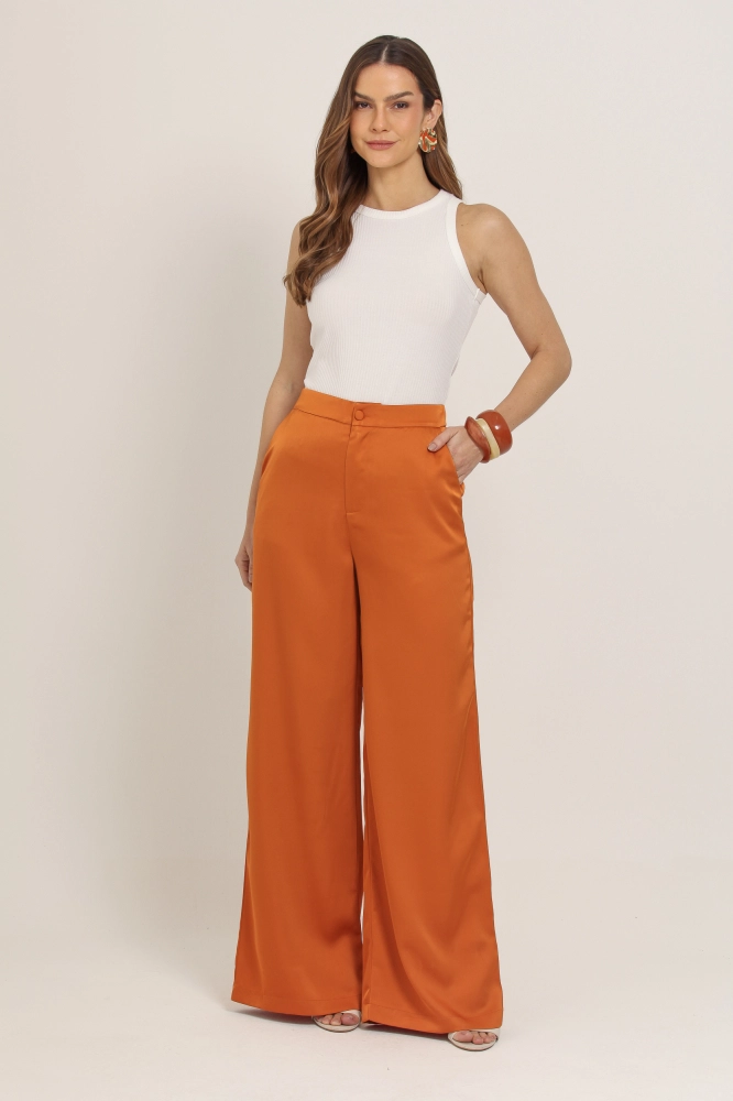 9037118 - Calça Acetinada Pantalona LARANJA