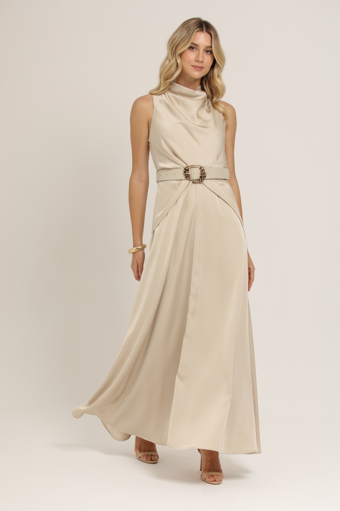 9037119 - VESTIDO LONGO ACETINADO COM CINTO BEGE