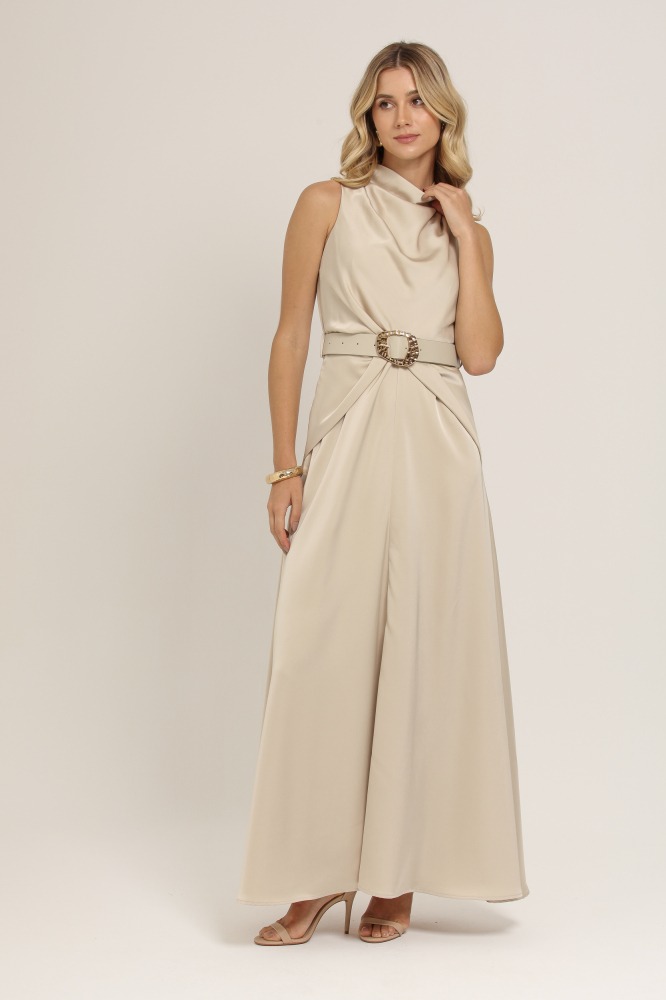 9037119 - VESTIDO LONGO ACETINADO COM CINTO BEGE