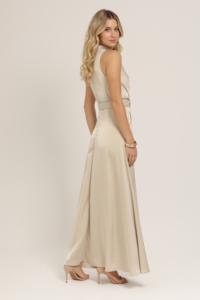 9037119 - VESTIDO LONGO ACETINADO COM CINTO BEGE