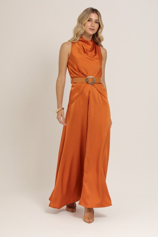 9037119 - VESTIDO LONGO ACETINADO COM CINTO LARANJA
