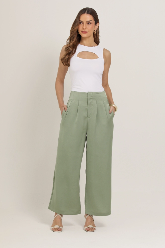 9037138 - Calça Alfaiataria Detalhe Dourado  VERDE 