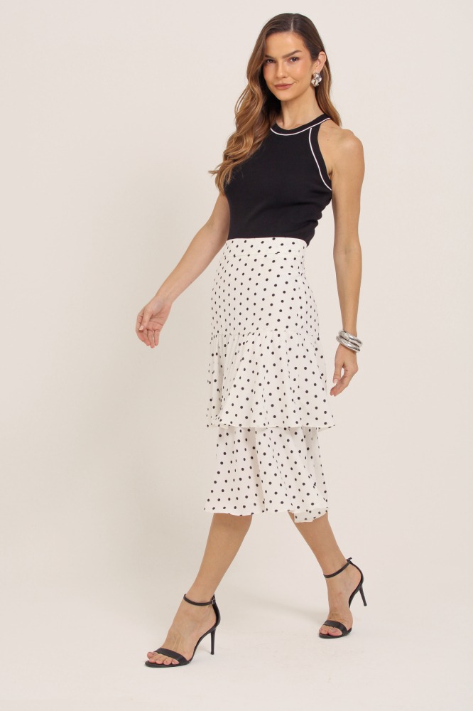 9037139 - Saia Midi Poá Babados BRANCO