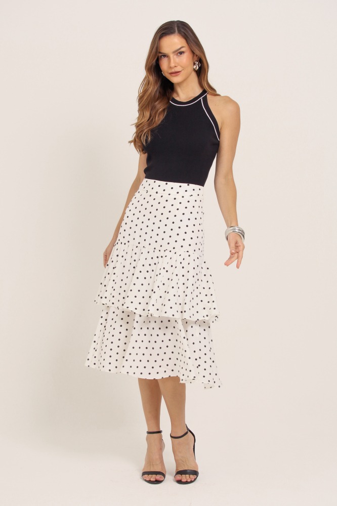 9037139 - Saia Midi Poá Babados BRANCO