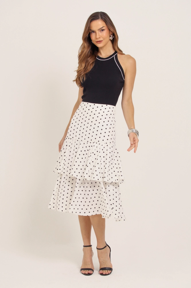 9037139 - Saia Midi Poá Babados BRANCO