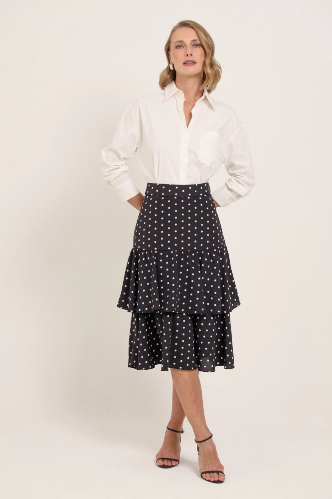 9037139 - Saia Midi Poá Babados PRETO