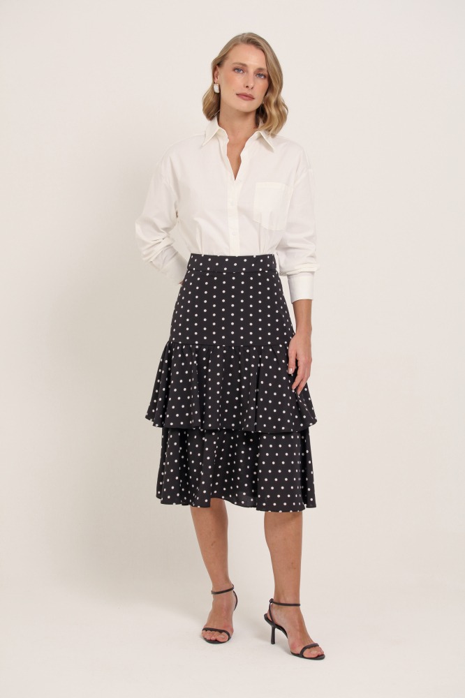 9037139 - Saia Midi Poá Babados PRETO 9037139 - Saia Midi Poá Babados PRETO