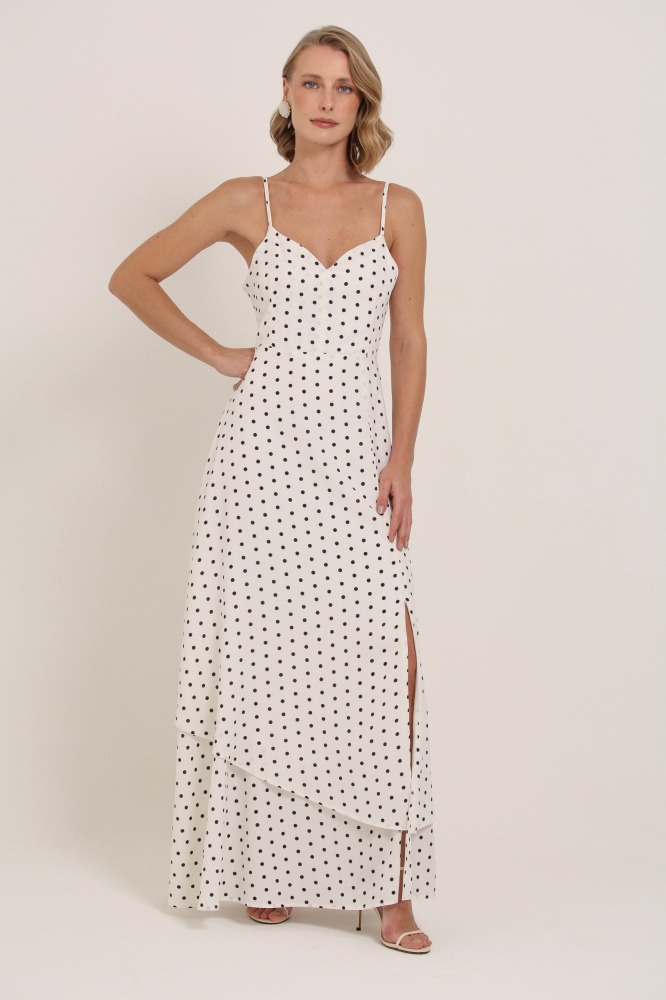 9037140 - Vestido Longo Poá Decote V BRANCO 9037140 - Vestido Longo Poá Decote V BRANCO