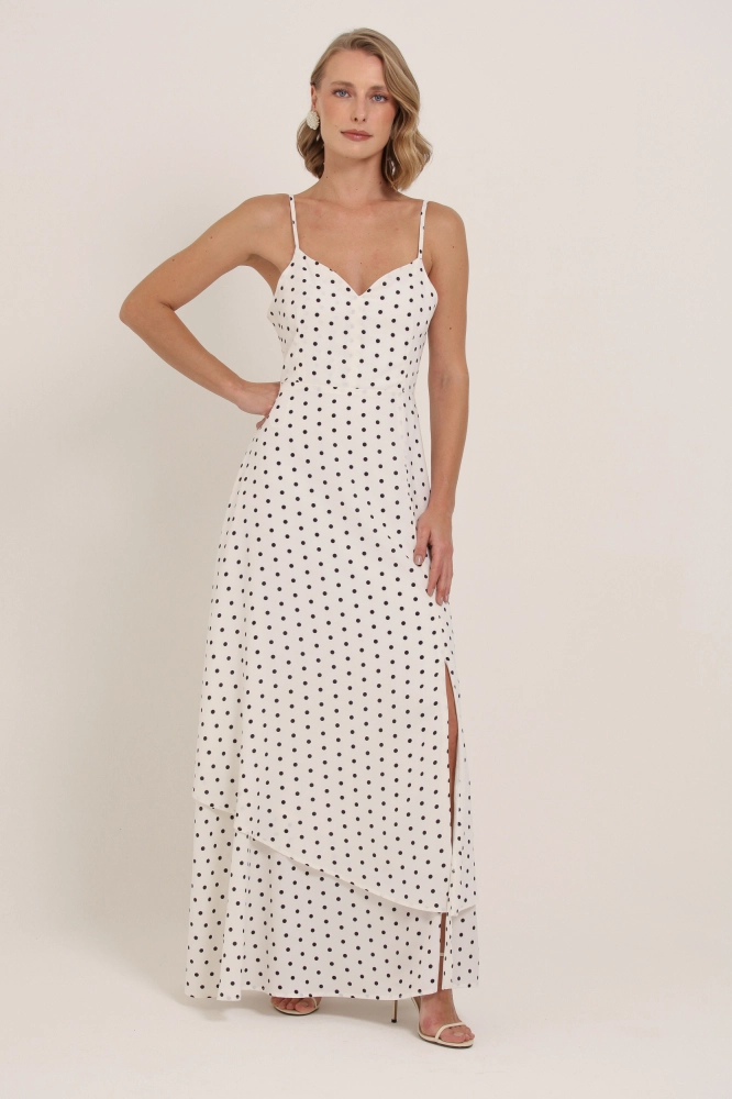 9037140 - Vestido Longo Poá Decote V BRANCO 9037140 - Vestido Longo Poá Decote V BRANCO