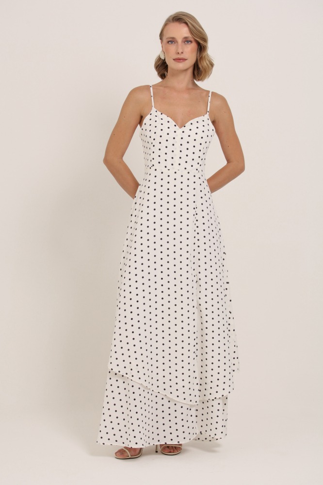 9037140 - Vestido Longo Poá Decote V BRANCO 9037140 - Vestido Longo Poá Decote V BRANCO