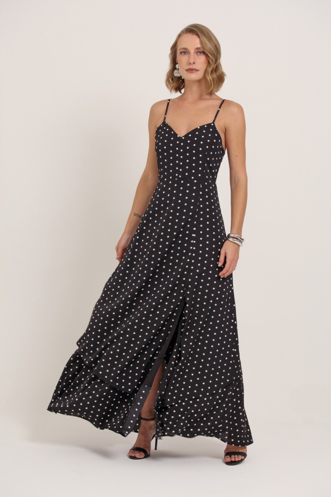 9037140 - Vestido Longo Poá Decote V PRETO