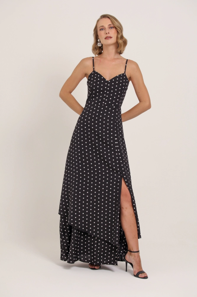 9037140 - Vestido Longo Poá Decote V PRETO 9037140 - Vestido Longo Poá Decote V PRETO