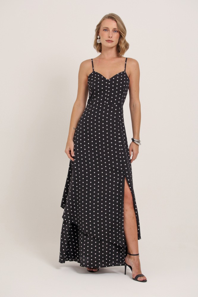 9037140 - Vestido Longo Poá Decote V PRETO