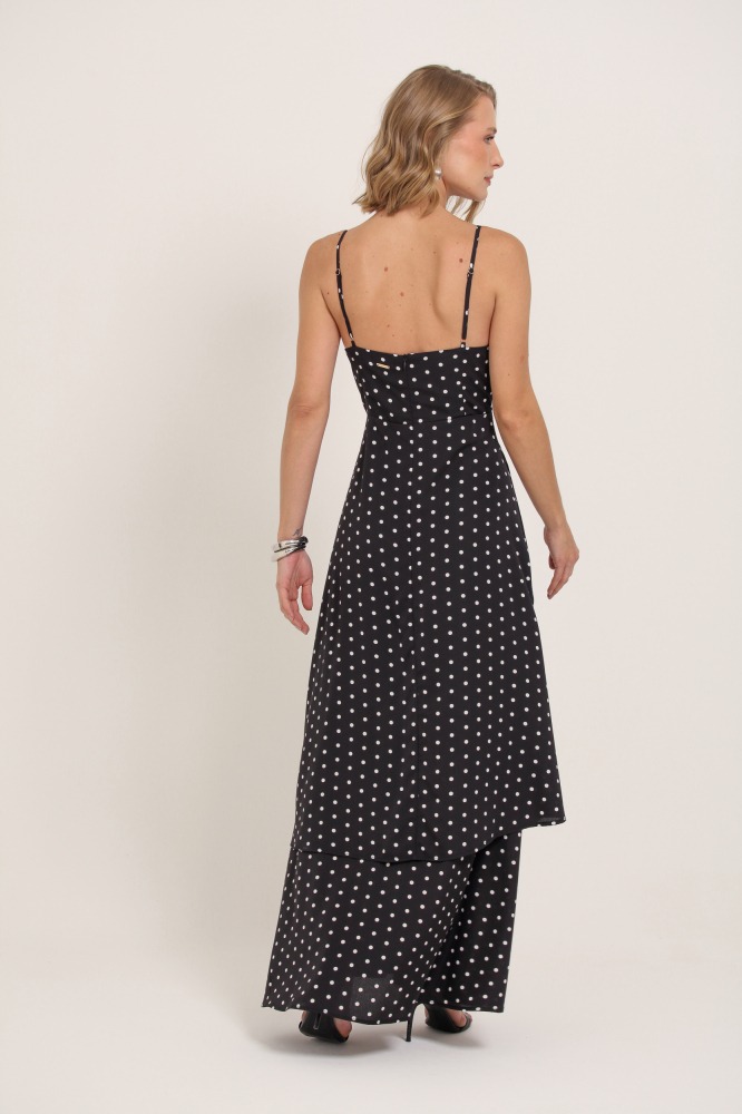 9037140 - Vestido Longo Poá Decote V PRETO