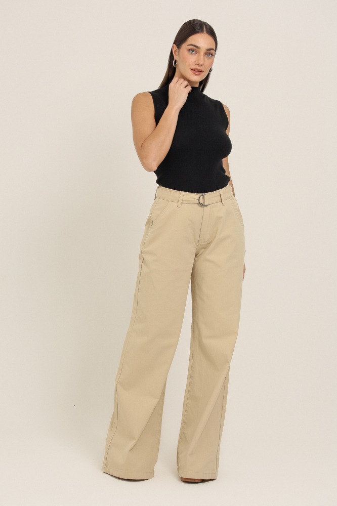 9037150 - Calça Pantalona Sarja Com Faixa BEGE