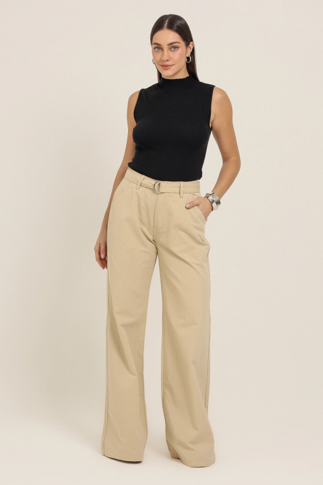 9037150 - Calça Pantalona Sarja Com Faixa BEGE