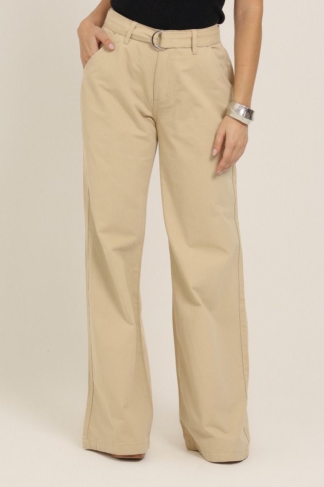 9037150 - Calça Pantalona Sarja Com Faixa BEGE