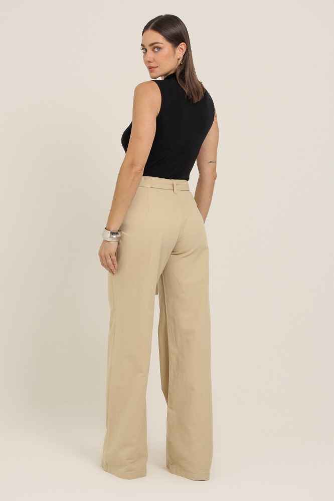 9037150 - Calça Pantalona Sarja Com Faixa BEGE