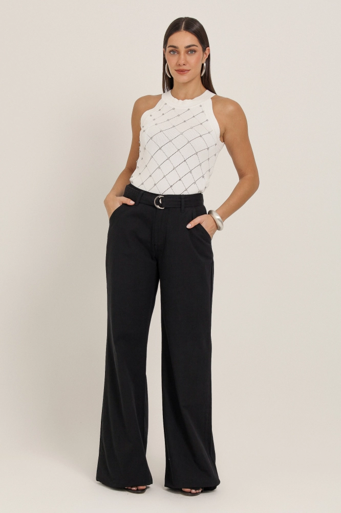 9037150 - Calça Pantalona Sarja Com Faixa PRETO
