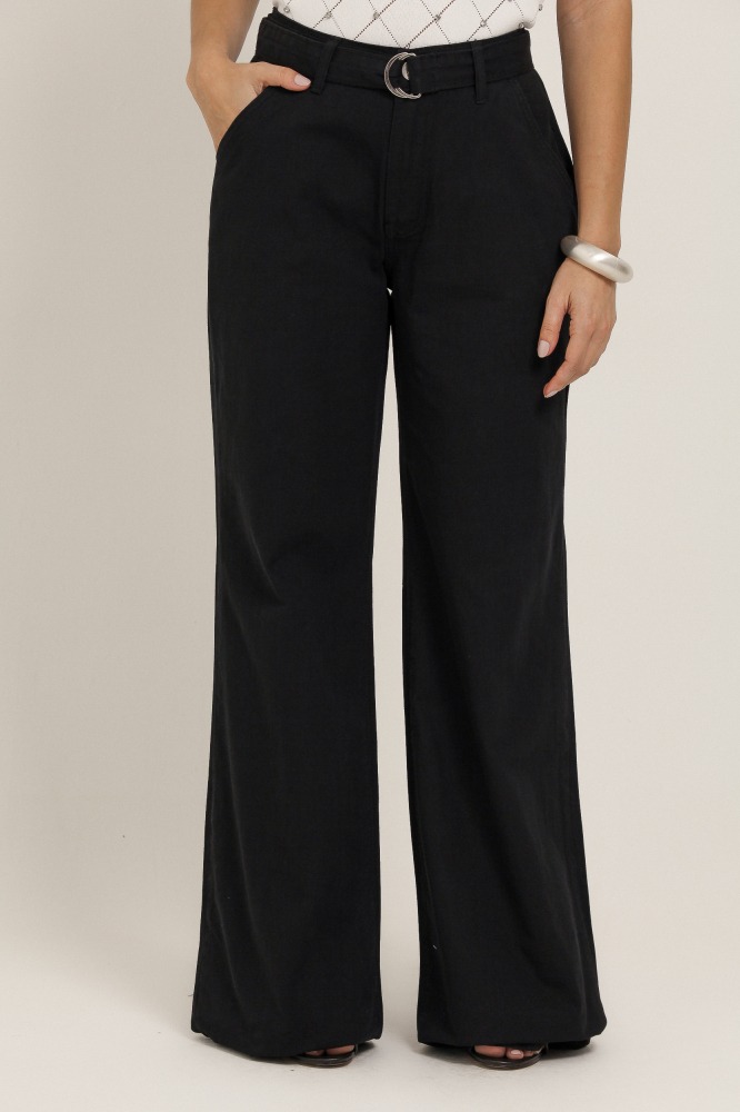 9037150 - Calça Pantalona Sarja Com Faixa PRETO