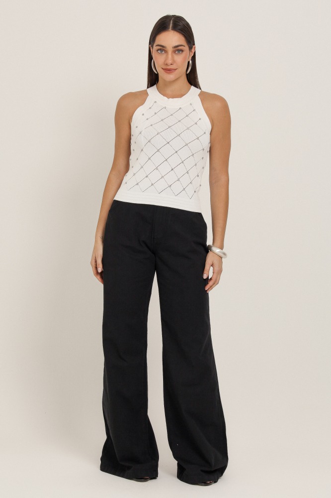 9037150 - Calça Pantalona Sarja Com Faixa PRETO