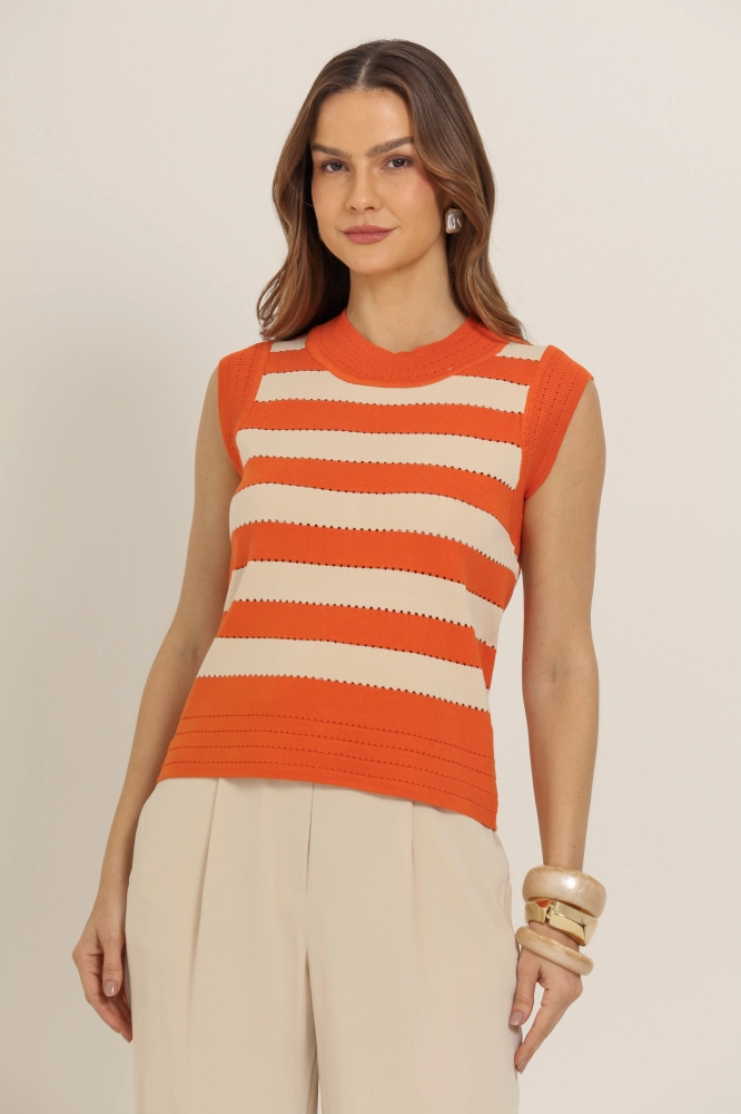 9037223 - Regata Tricô Listrada Canelada  LARANJA