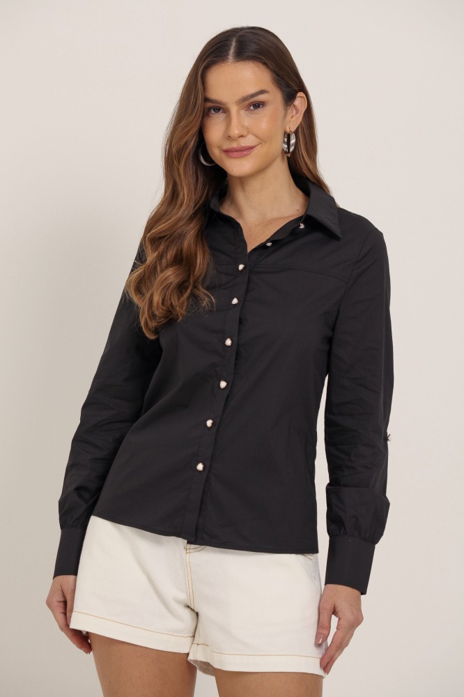 9037267 - Camisa Tricoline Manga Longa PRETO