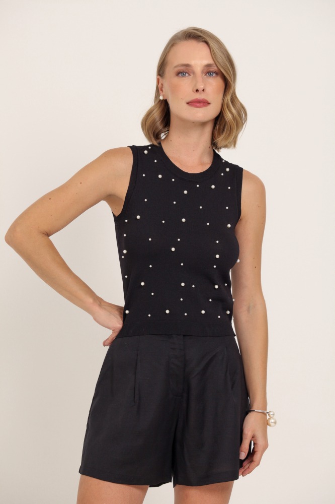 9037301 - Regata Tricô Com Pérolas PRETO 9037301 - Regata Tricô Com Pérolas PRETO