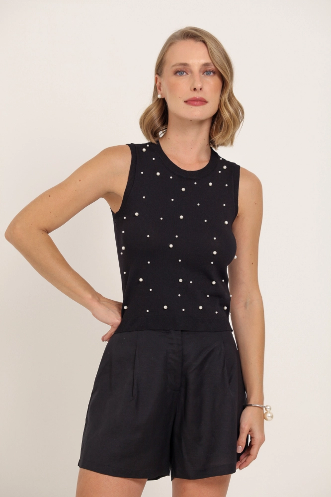 9037301 - Regata Tricô Com Pérolas PRETO 9037301 - Regata Tricô Com Pérolas PRETO