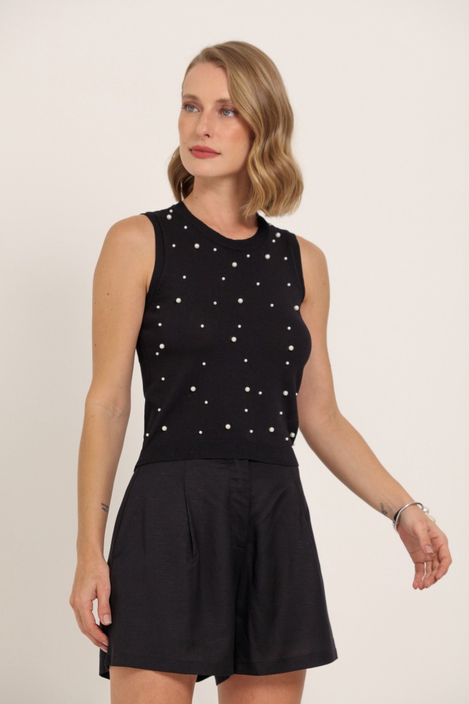 9037301 - Regata Tricô Com Pérolas PRETO 9037301 - Regata Tricô Com Pérolas PRETO