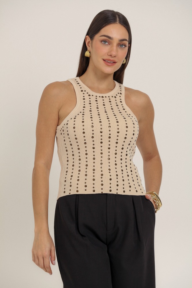 9037302 - Regata Tricô Com Strass BEGE