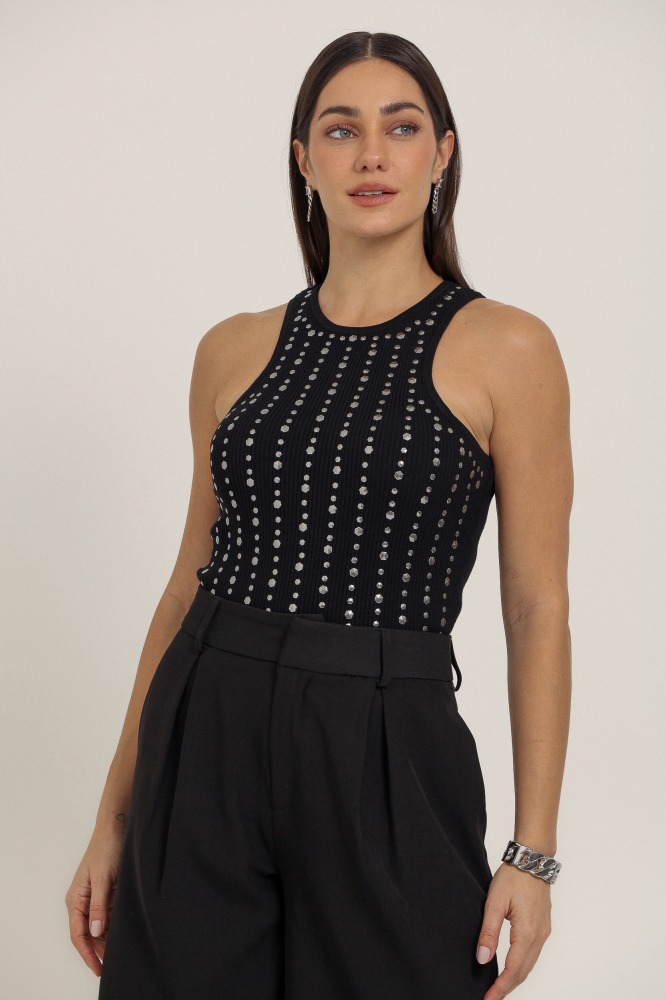 9037302 - Regata Tricô Com Strass PRETO
