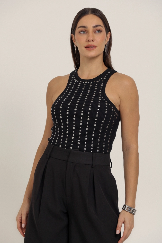 9037302 - Regata Tricô Com Strass PRETO