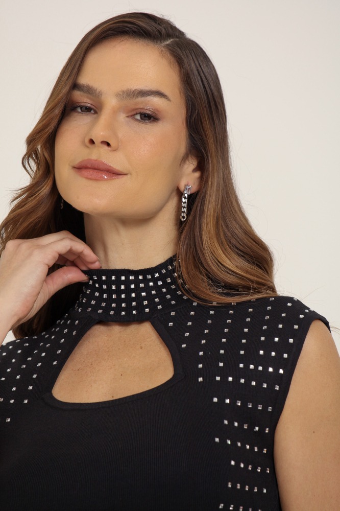 9037306 - Regata Tricô Decote Aberto Com Brilho PRETO