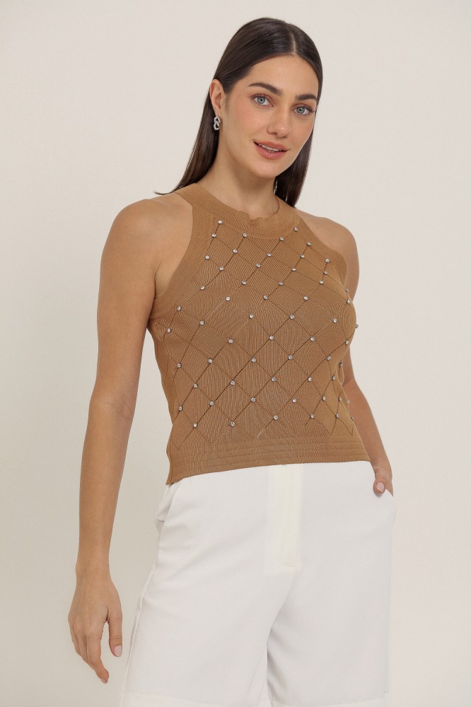 9037308 - Regata Tricô Com Brilho BEGE