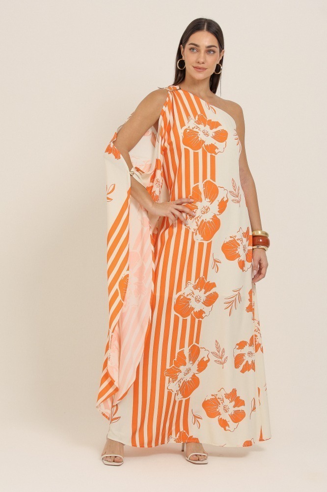 9037342 - Vestido Longo Estampado Caminhos Florais LARANJA