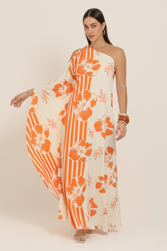 9037342 - Vestido Longo Estampado Caminhos Florais LARANJA